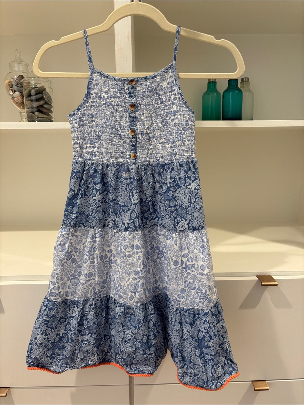 Fat Face Blue Tiered Seashell Print Sundress with Button Front Sz 6-7